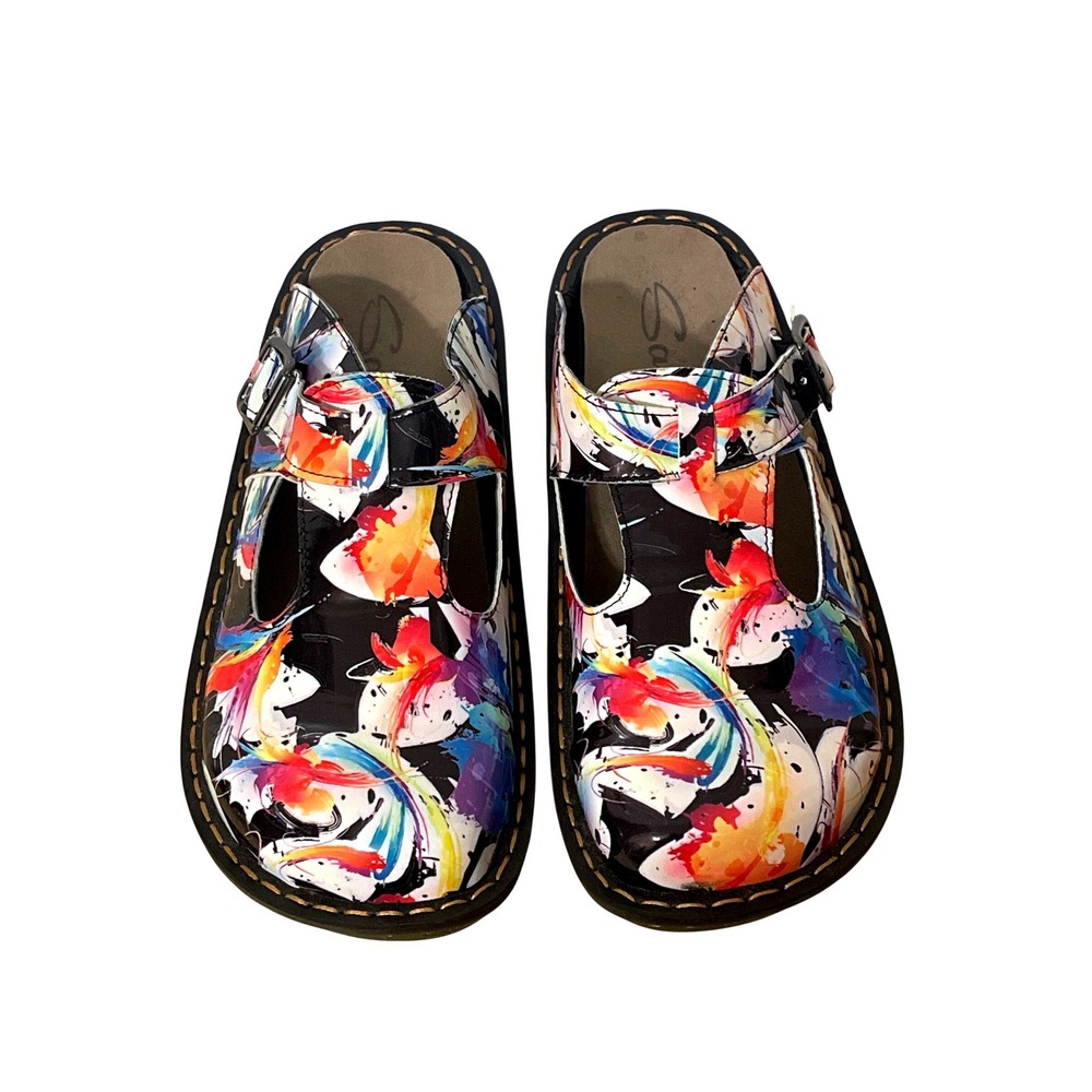 Savvy Happy Clogs‎ Size 9 Black Multicolor Abstract Paint Splatter Quirky Casual
